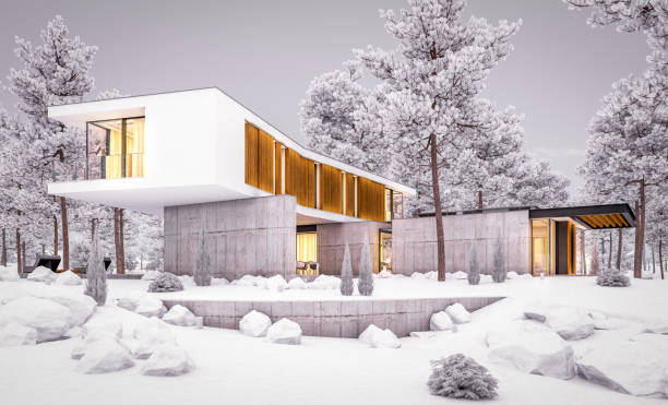 istock 3d rendering of modern house on the hill with pool in winter evening 1243309568
