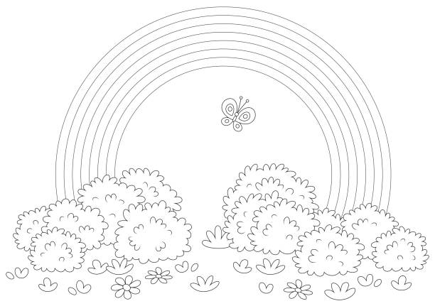 illustrazioni stock, clip art, cartoni animati e icone di tendenza di arcobaleno e farfalla su un campo - rainbow flower meadow nature