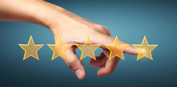 istock Hand of touching rise on increasing five stars. Increase rating evaluation classification concept 1243317634