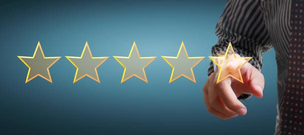 istock Hand of touching rise on increasing five stars. Increase rating evaluation classification concept 1243317635