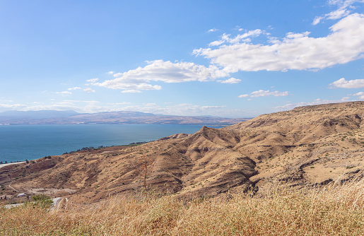 Panoramic view from the ruins of the Greek - Roman city Hippus - Susita located on the hill on the Golan Heights in northern Israel on the Sea of Galilee