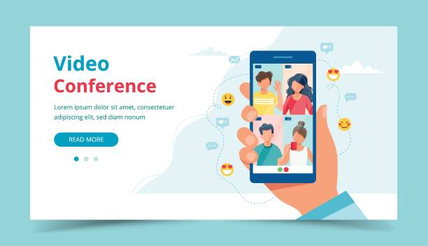 istock Group call with friends, video conference. Hand holding smartphone. Landing page template. Vector illustration in flat style 1243357488