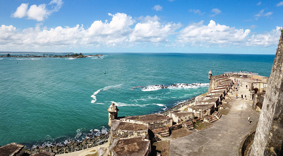 San Juan / Puerto Rico - Jan 18, 2017: Panoramic sea view from San Cristobal Fort in San Juan. Historic building and the turquoise ocean.