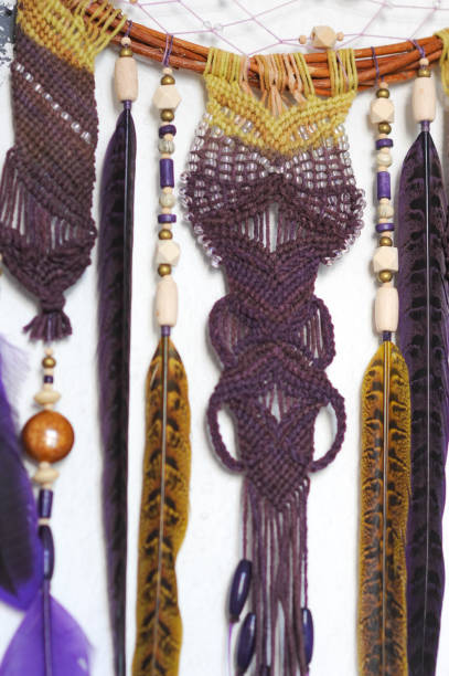 istock Background of dreamcatcher with macrame, feathers on white wall 1243370248
