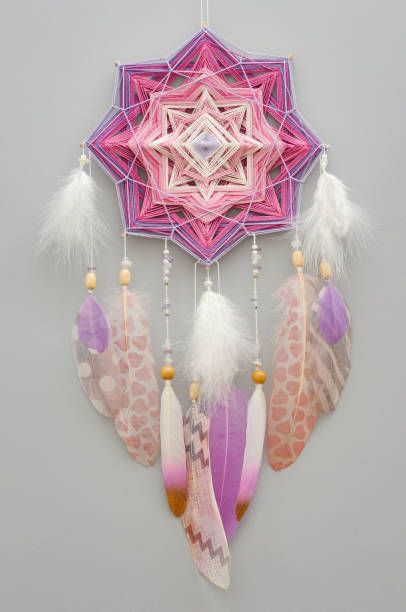 istock Mandala dream catcher with feathers and amethyst beads on grey background 1243375988