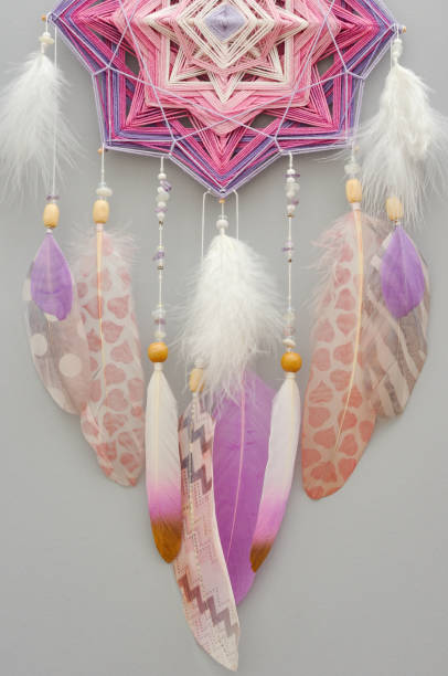istock Mandala dream catcher with feathers and amethyst beads on grey background 1243376183