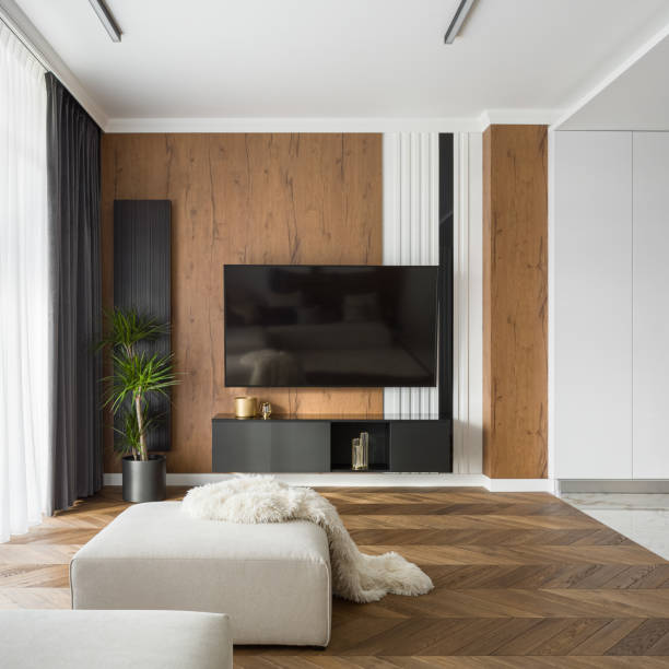 istock Living room with big television screen 1243376196