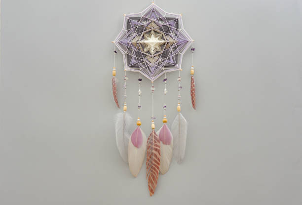 istock Mandala dream catcher with feathers and amethyst beads on grey background 1243376203