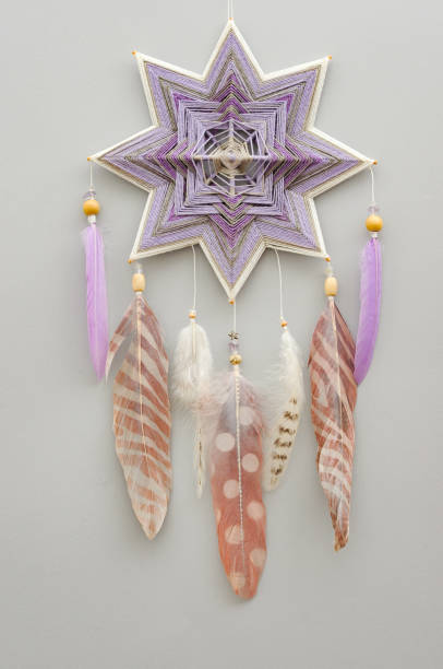 istock Mandala dream catcher with feathers and amethyst beads on grey background 1243376755