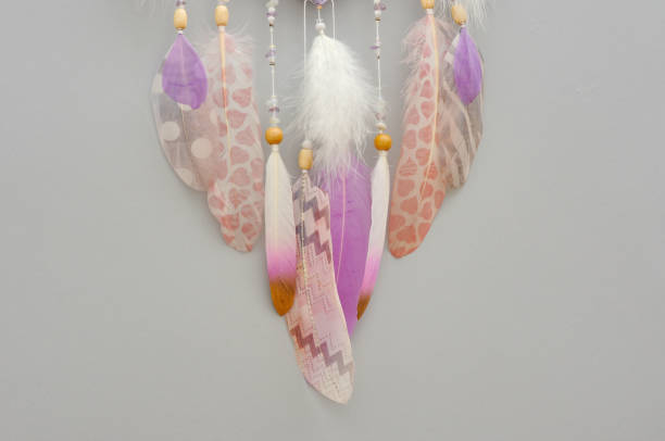 istock Mandala dream catcher with feathers and amethyst beads on grey background 1243377270