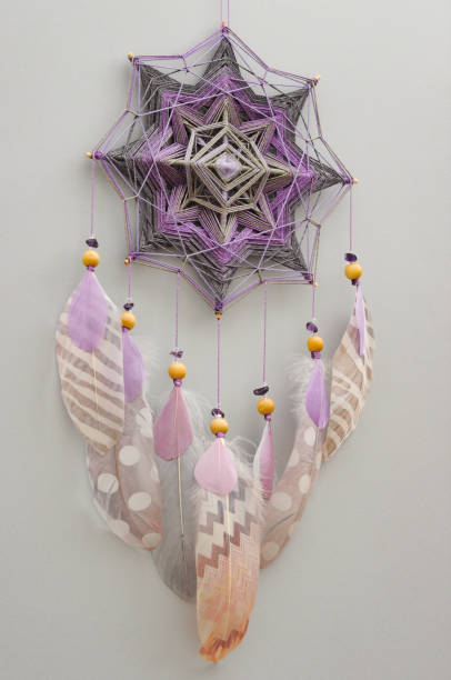istock Mandala dream catcher with feathers and amethyst beads on grey background 1243377283