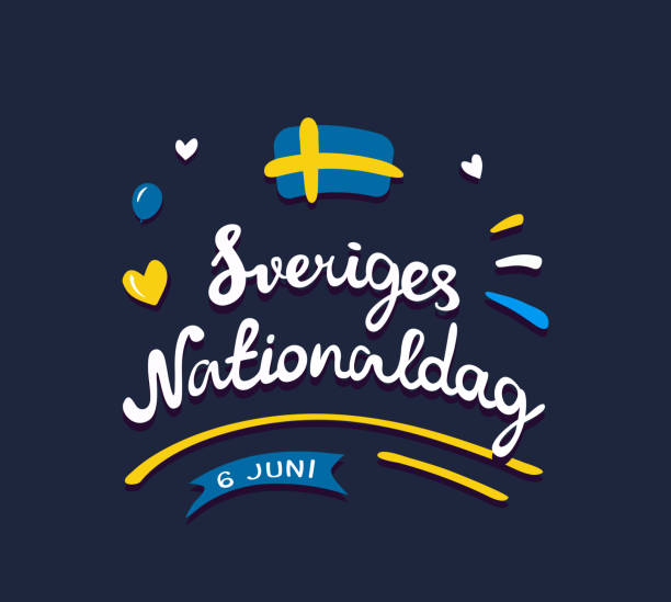 Sveriges nationaldag or National Day of Sweden. Holiday celebrated annually on 6 June. Digital draw vintage lettering with hearts, balloon, swedish flag. Illustration, greeting card, poster, banner. swedish summer stock illustrations