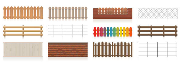 ilustrações de stock, clip art, desenhos animados e ícones de fences set. different fences like wooden, garden, electric, picket, pasture, wire fence, wall, barbwire and other railings. isolated vector illustration on white background. - barbed wire wire isolated nobody