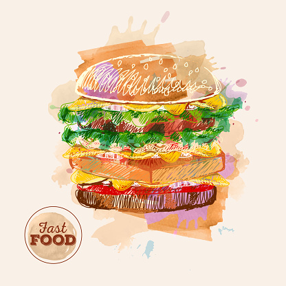 Watercolor Hamburger or Sandwich. Fast Food sketch