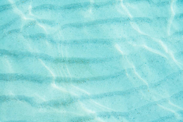 Blue sea ocean, water sun reflection, and sand background. Top view