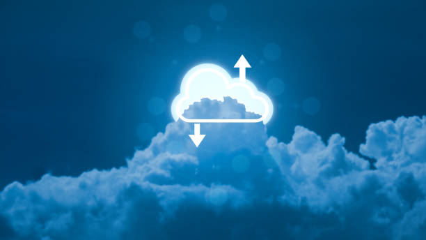 istock Sign of cloud storage with two arrows up and down on blue sky background. Computing network connecting data information on network 1243419767