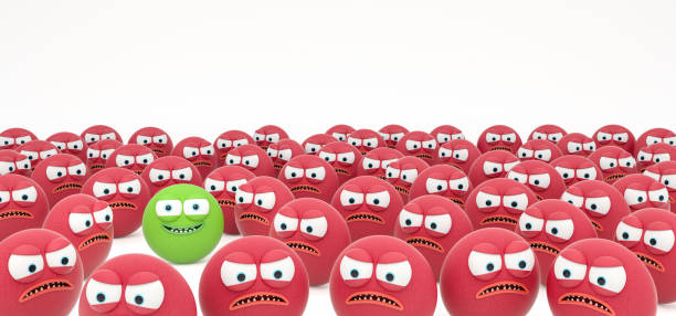 Happy and mad funny face character in crowd 3d render 3d illustration