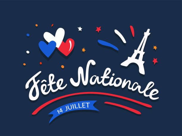 Fete nationale francaise - Celebration of Bastille Day on 14 July or French National Day. Digital draw vintage lettering with Eiffel Tower, hearts, flag colored. Illustration. greeting card, poster. bastille day stock illustrations
