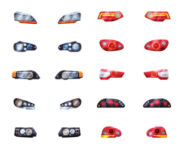 Vector illustration of Modern Auto Headlights Set, Front and Rare Led Headlamps Flat Style Vector Illustration on White Background