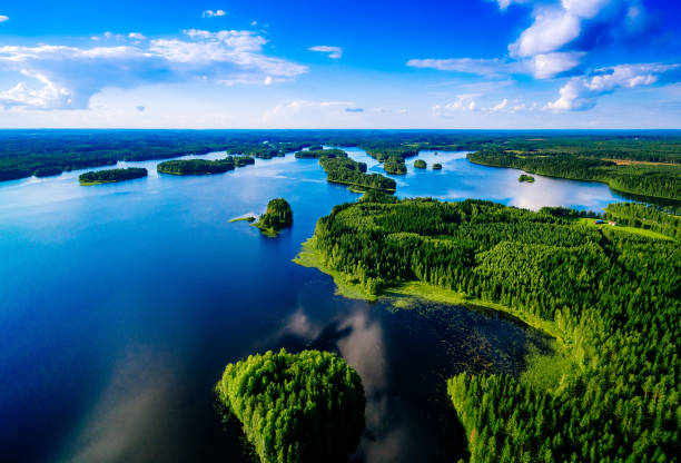 aerial top view of blue lakes with islands and green forests in finland. - blue fin imagens e fotografias de stock