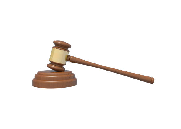 istock 3D rendering HAMMER AND BASE on white background,clipping path. - Auction or LAW concept 1243447643