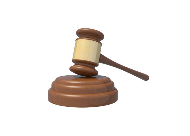 istock 3D rendering HAMMER AND BASE on white background,clipping path. - Auction or LAW concept 1243447647