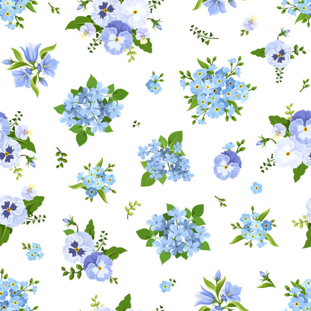 Seamless pattern with blue flowers. Vector illustration. Vector seamless pattern with blue pansies, bluebells, plumbago and forget-me-not flowers. pansy stock illustrations