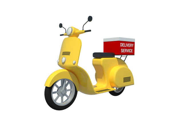 istock 3D Render or Illustration Yellow scooter or motorcycle with red delivery box for your design Deliverry concept - clipping path 1243452163
