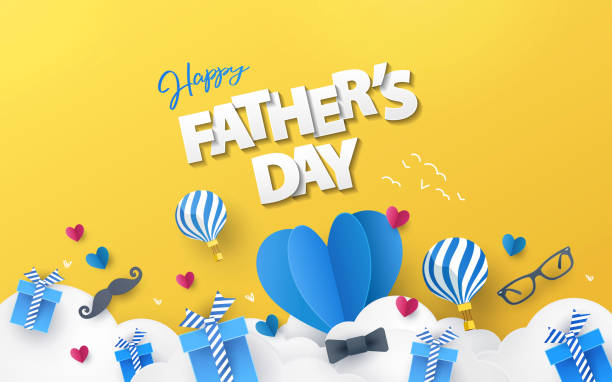 ilustrações, clipart, desenhos animados e ícones de feliz dia dos pais saudando design com corações de origami sobre nuvens, balões de ar, presentes, bigode, óculos, gravata borboleta. - day gift father fathers