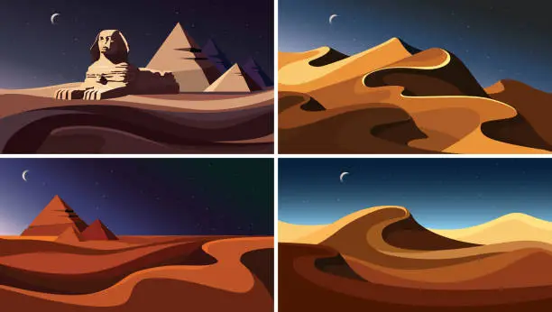 Vector illustration of Set of night desert landscapes.