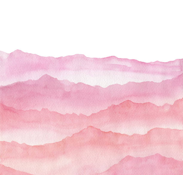 istock Watercolor hand drawn illustration with pink and red waves mountains. 1243458296