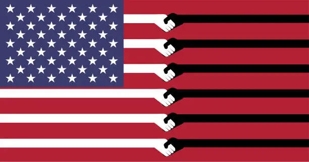 Vector illustration of The flag of the United States of America has a white and black stripe showing the handshake symbol for reconciliation / hope for racism in America will change for the better.