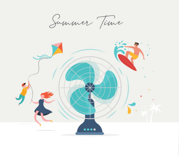 Summer scene, group of people having fun around a huge fan, surfing, swimming in the pool, drinking cold beverage, playing on the beach Top view beach background, Pool party, Summer water activities, scene with a lot of tiny people, characters, umbrellas, balls and kids. Vector banner, poster design electric fan stock illustrations