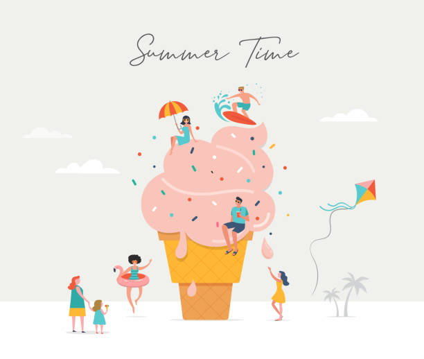 illustrations, cliparts, dessins animés et icônes de scène d’été, groupe de personnes s’amusant autour d’une énorme crème glacée, surfant, nageant dans la piscine, buvant des boissons froides, jouant sur la plage - ice cream people food recreational pursuit