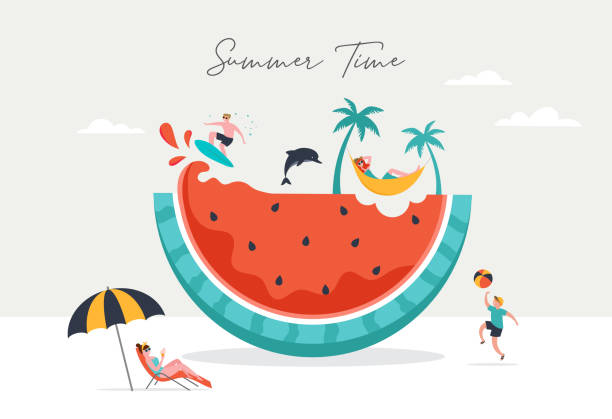 夏のシーン、巨大なスイカの周りを楽しんでいる人々のグループ、サーフィン、プールで泳ぐ、冷たい飲み物を飲む、ビーチで遊ぶ - watermelon点のイラスト素材／クリップアート素材／マンガ素材／アイコン素材