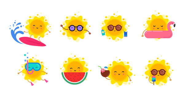 ilustrações de stock, clip art, desenhos animados e ícones de fun summer elements, sun characters, icons with ice cream, watermelon, surfboard and swimming pool float - happy bird