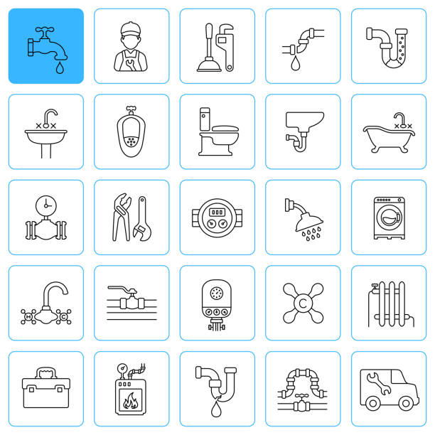 ilustrações de stock, clip art, desenhos animados e ícones de plumbing line icons. editable stroke. - faucet water pipe water symbol