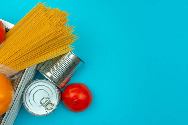 istock Food supply, set, donation on a blue background 1243510069