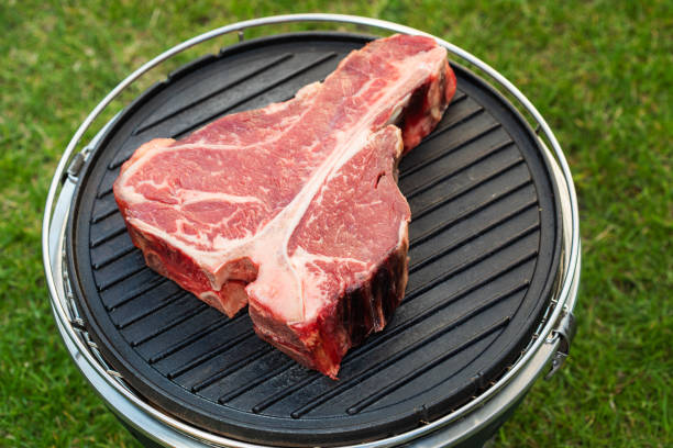 Gourmet Main Entree Course t-bone beef grilled steak on white dish