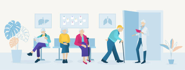 stockillustraties, clipart, cartoons en iconen met vector van bejaarde patiënten die de afspraaktijd van de arts bij geriatriekliniek wachten - huisarts druk