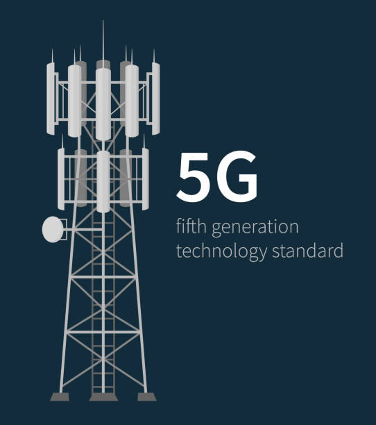 5G technology standard mast base stations on blue Fifth generation mast base stations on dark blue background, flat vector illustration of 5G mobile data towers, cellular equipment, telecommunication antennas and signal. transceiver stock illustrations