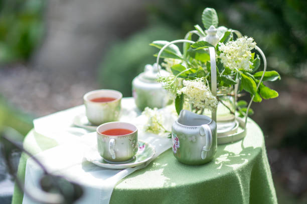 熱いお茶を2杯。グラスカップティー。屋外。 - japanese tea cup ストックフォトと画像