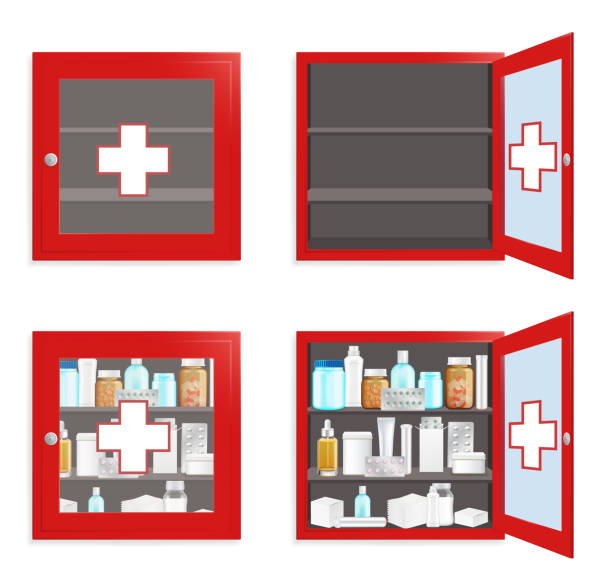 Medical wall box set, vector flat isolated illustration Medical wall box set, vector flat isolated illustration. Red medicine chest first aid kit. Medical cabinet for safe medication storage. medicine cabinet stock illustrations