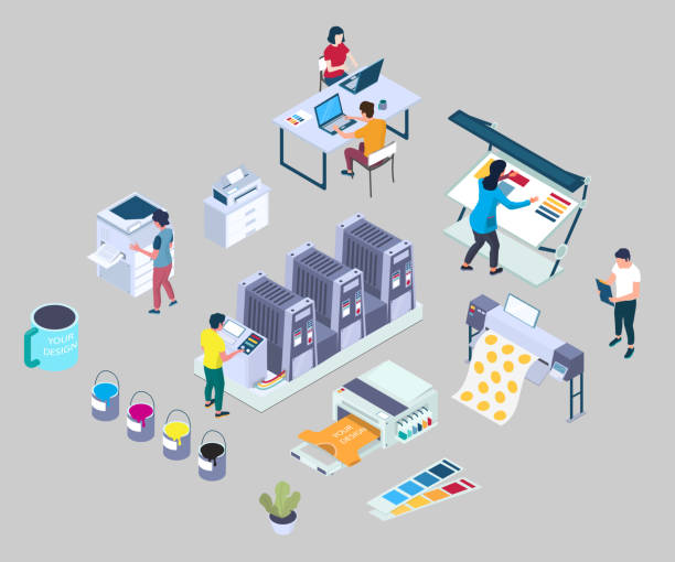Printing services, vector flat 3d isometric illustration Publishing house, print shop, copy center, vector flat isometric illustration. Polygraphy, instant printing and custom cups, mugs, t-shirt printing services. printing press stock illustrations