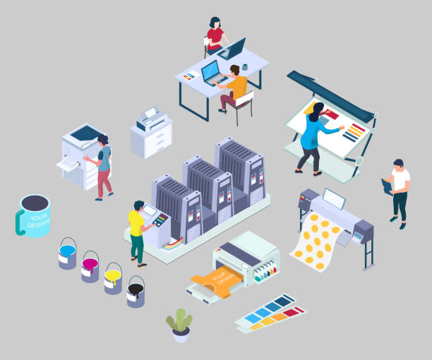 Printing services, vector flat 3d isometric illustration Publishing house, print shop, copy center, vector flat isometric illustration. Polygraphy, instant printing and custom cups, mugs, t-shirt printing services. cartoon t shirt design stock illustrations