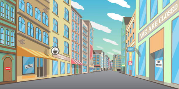 Empty downtown street with closed shops, vector illustration Empty downtown street, vector illustration. Beautiful pedestrian shopping street with closed shops, boutiques, restaurants, cafe. Quarantine, social distancing measures due to corona virus outbreak. downtown district illustrations stock illustrations