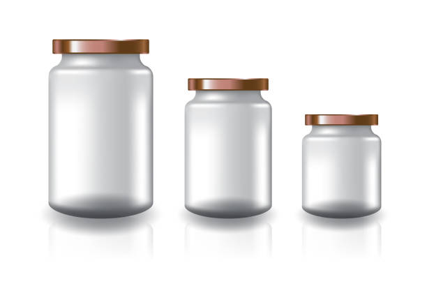istock 3 sizes of blank clear round jar with copper flat lid for supplements or food product. Isolated on white background with reflection shadow. Ready to use for package design. Vector illustration. 1243527644