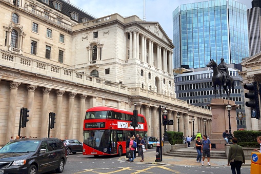 Bank of England, the Royal Exchange in London, the UK. Financial and business heart.