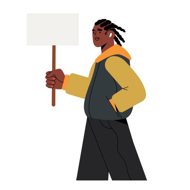 ilustraciones, imágenes clip art, dibujos animados e iconos de stock de protestando por el activista afroamericano sostienen cartel con espacio para texto. las vidas negras importan. - afro man