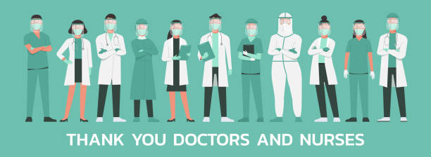 thank you doctors and nurses standing together concept thank you, doctors and nurses concept. medical staff wearing a protective suit, goggle, face shield, surgical face mask and n95 respirator standing together to fight COVID-19, vector illustration nurse face shield stock illustrations